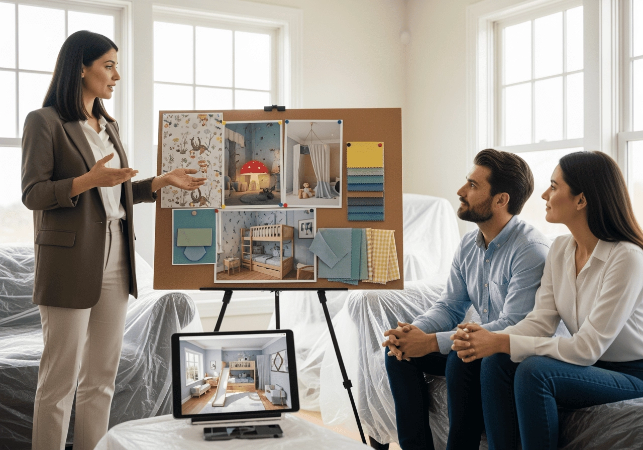 設計師向屋主說明兒童房的室內裝潢