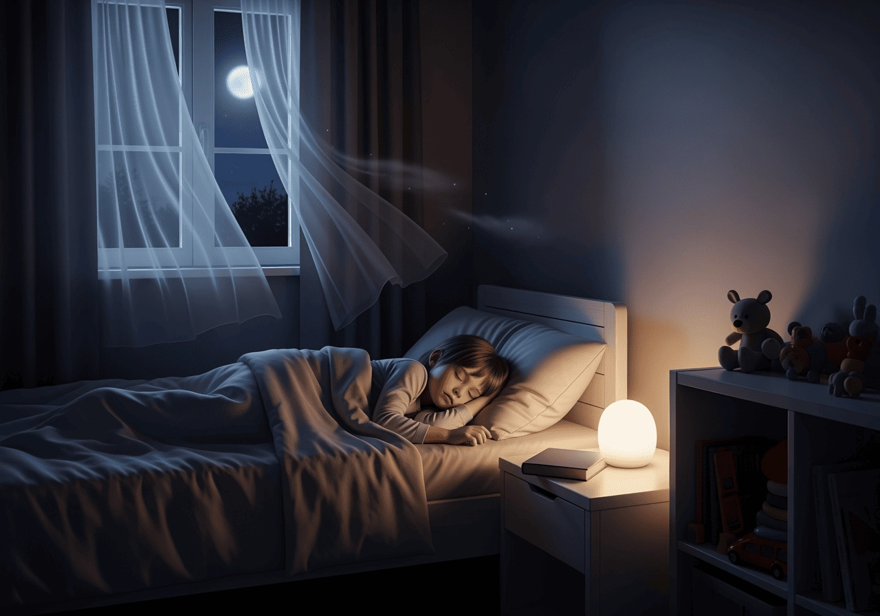 夜晚臥室場景，空氣清新、孩子安穩入睡