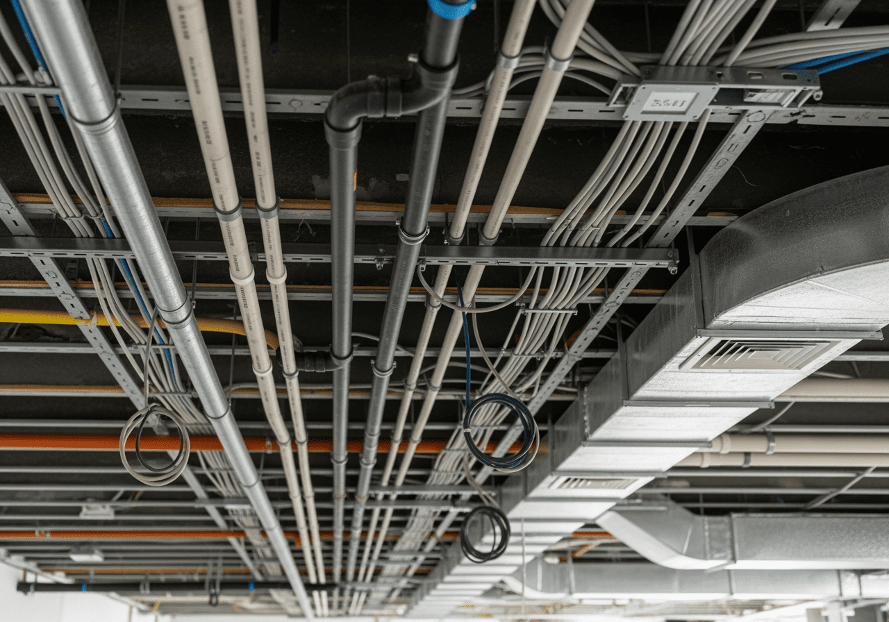 天花板尚未封板，管線配置清楚排列