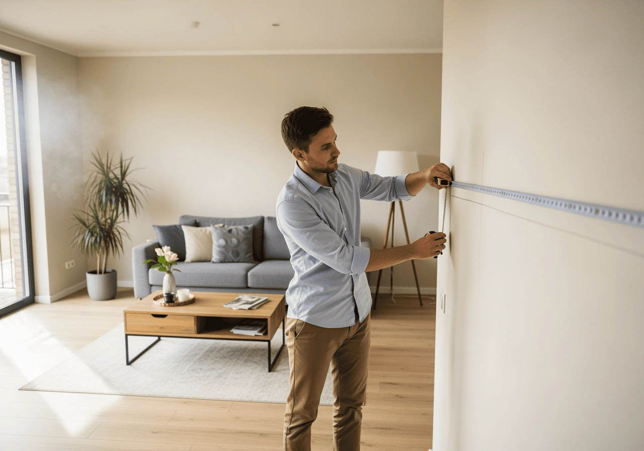 客廳測量中,一名屋主拿捲尺丈量