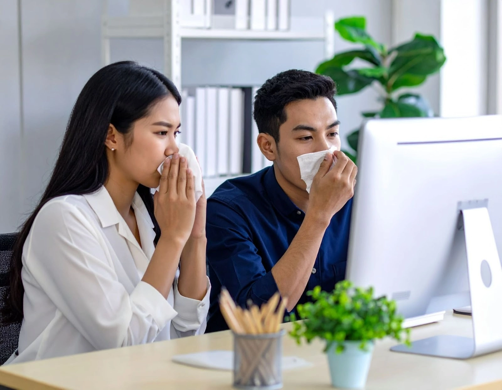 居家書房內,上班族坐在電腦前工作,頻頻擤鼻涕