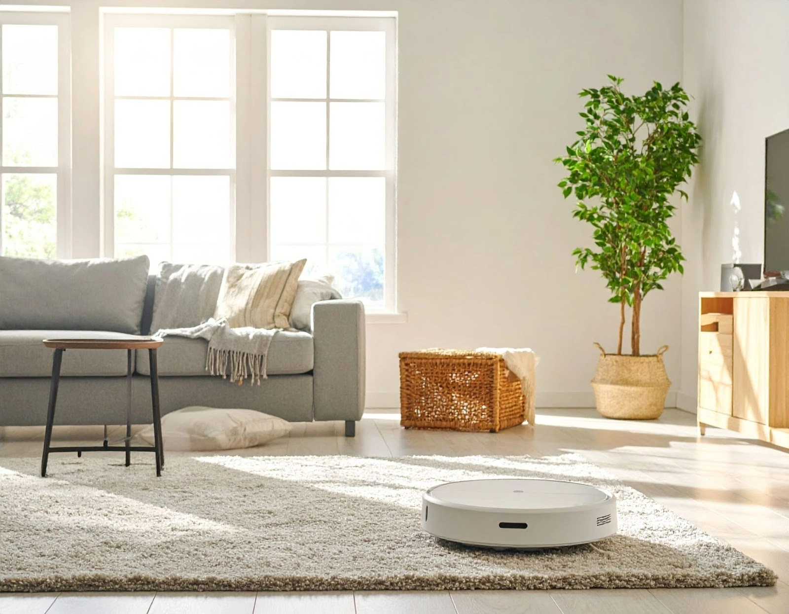 新成屋客廳內擺著空氣清淨機