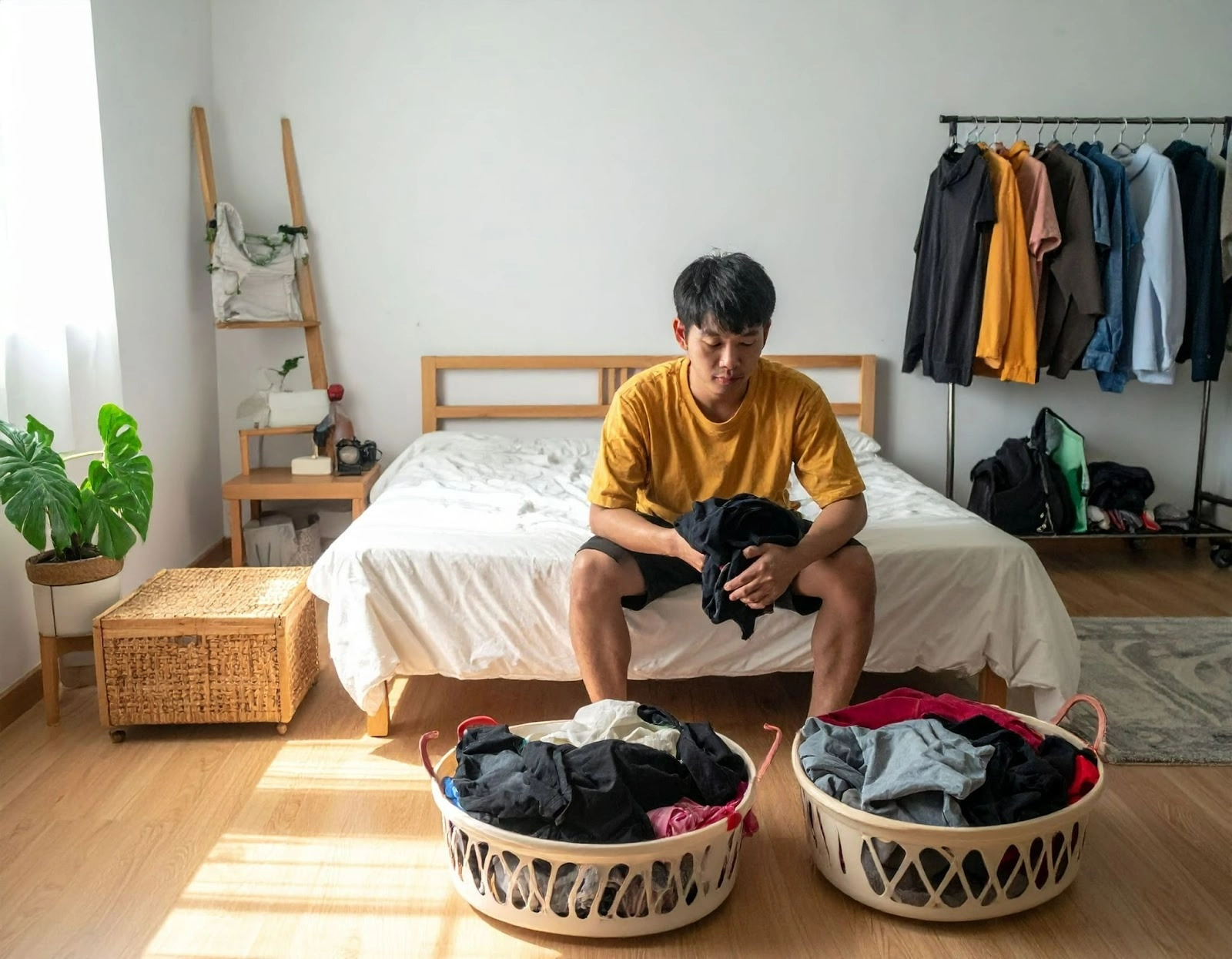 臥室角落堆滿雜物,屋主蹲下整理物品露出無奈表情