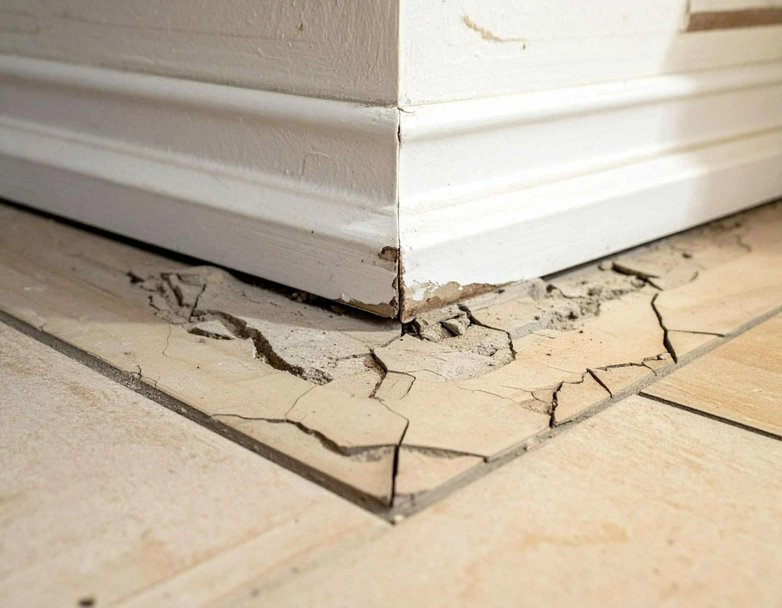 近拍牆角與地板交接處出現裂縫與不平整收邊