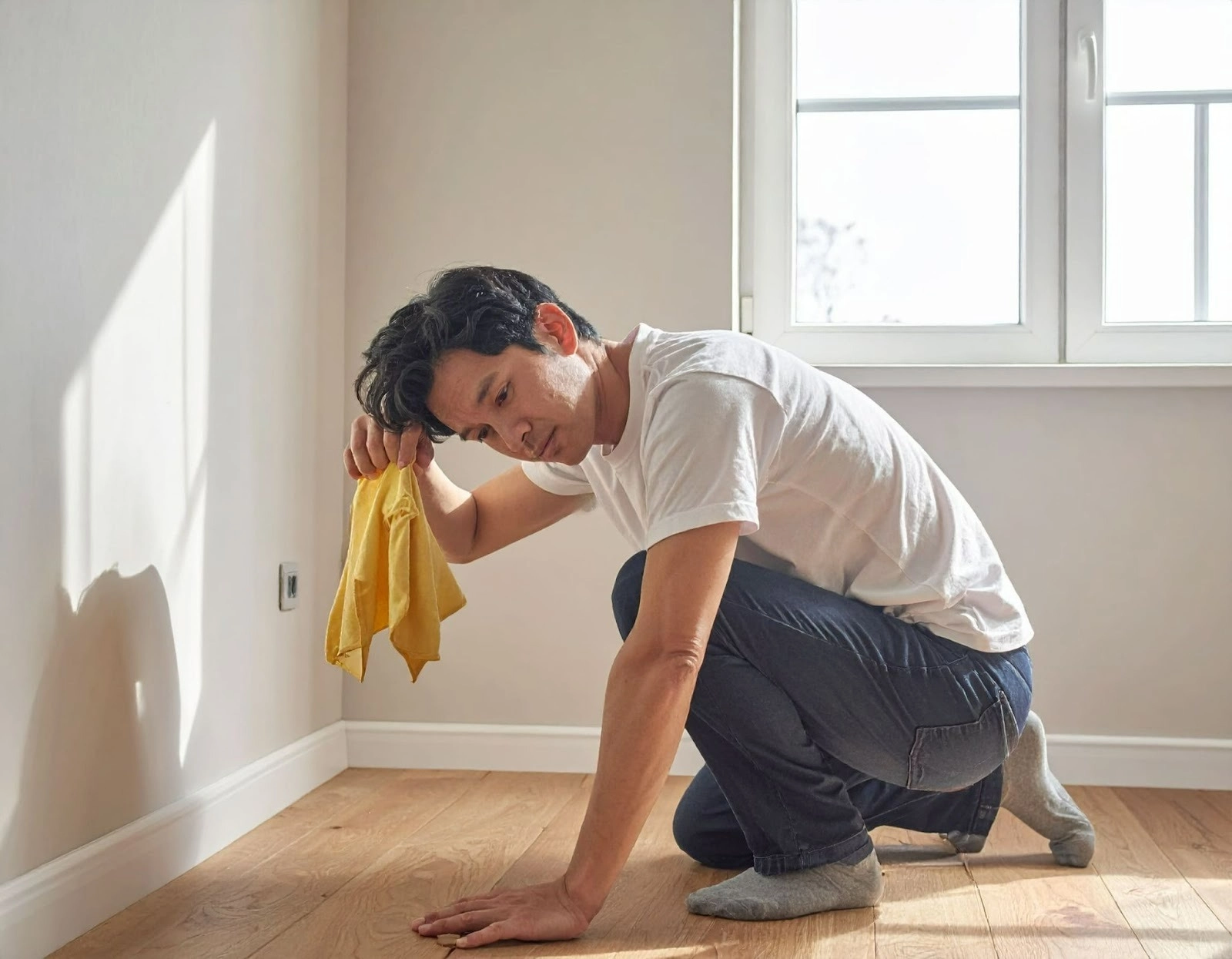 屋主蹲在地板邊角擦拭難以清理的縫隙,手拿抹布表情疲累