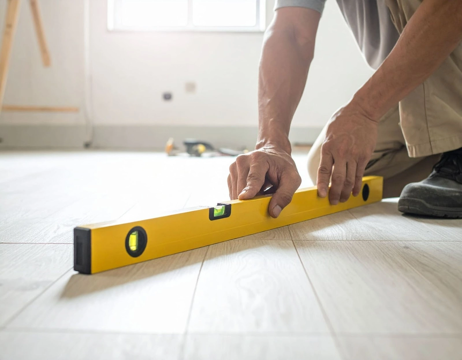 屋主蹲下檢查地坪水平