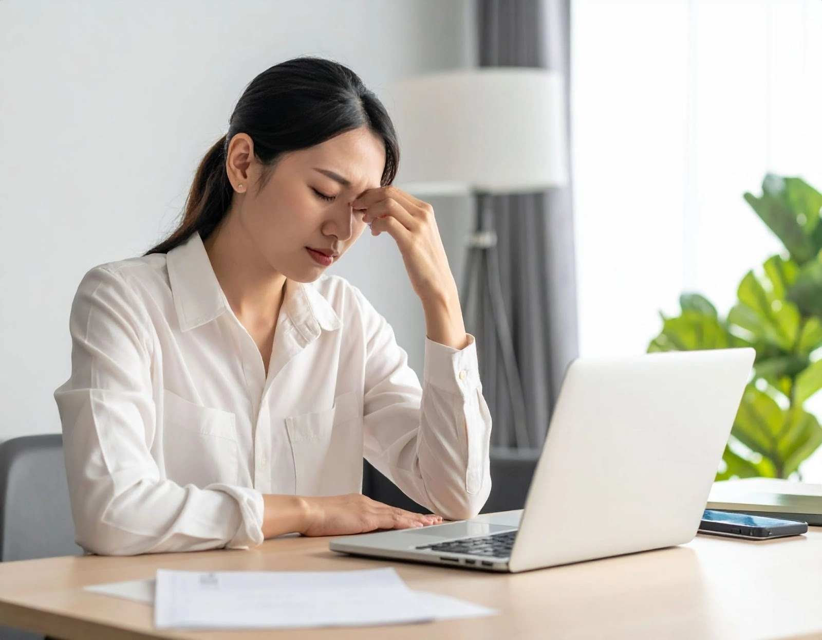 上班族坐在家中客廳揉眼睛，長期待在室內感到不適