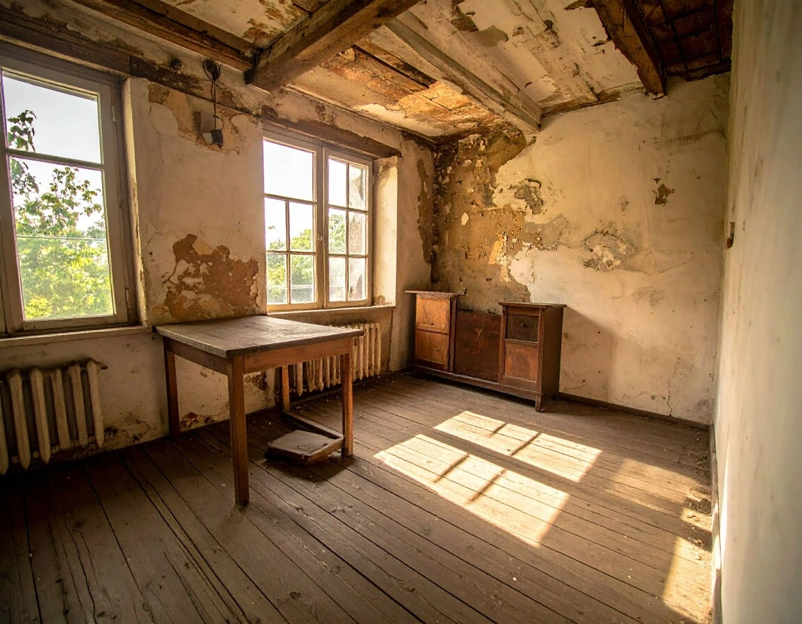 老屋室內空間，裸露管線與老舊牆面