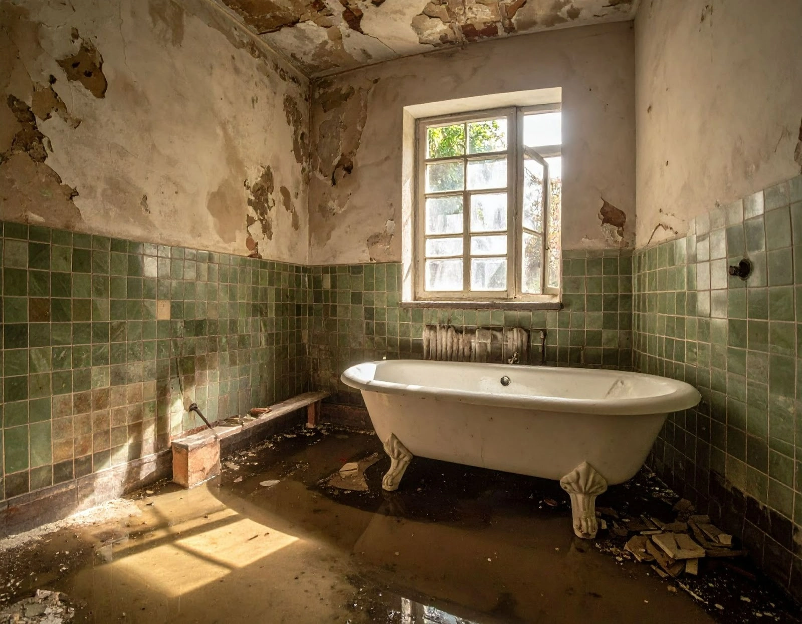 老屋浴室翻修前畫面，磁磚縫隙與積水