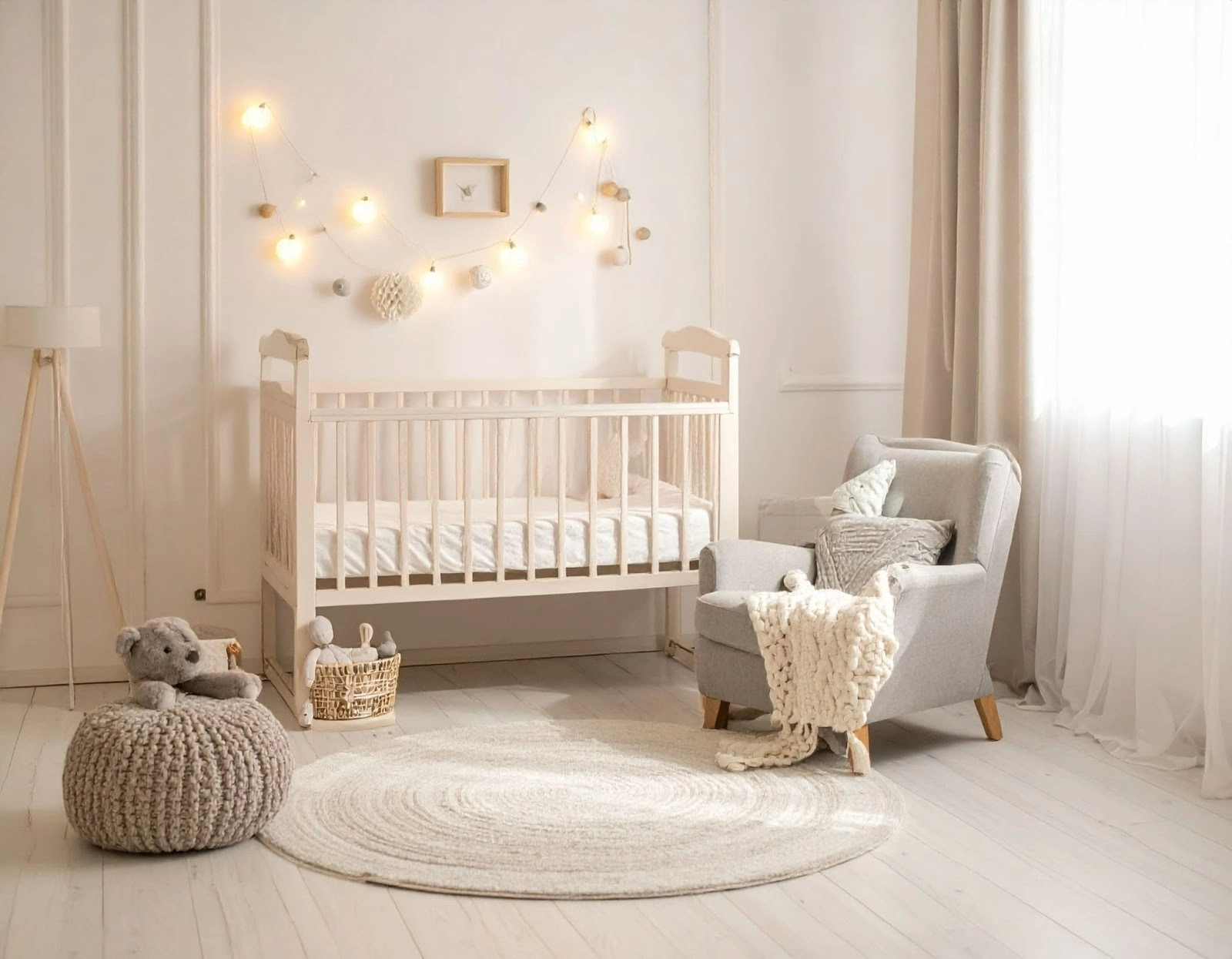 嬰兒房實景,柔和吸頂燈與淺色牆面