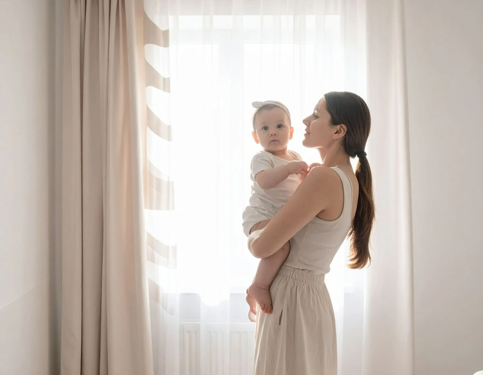 媽媽抱著寶寶站在窗前