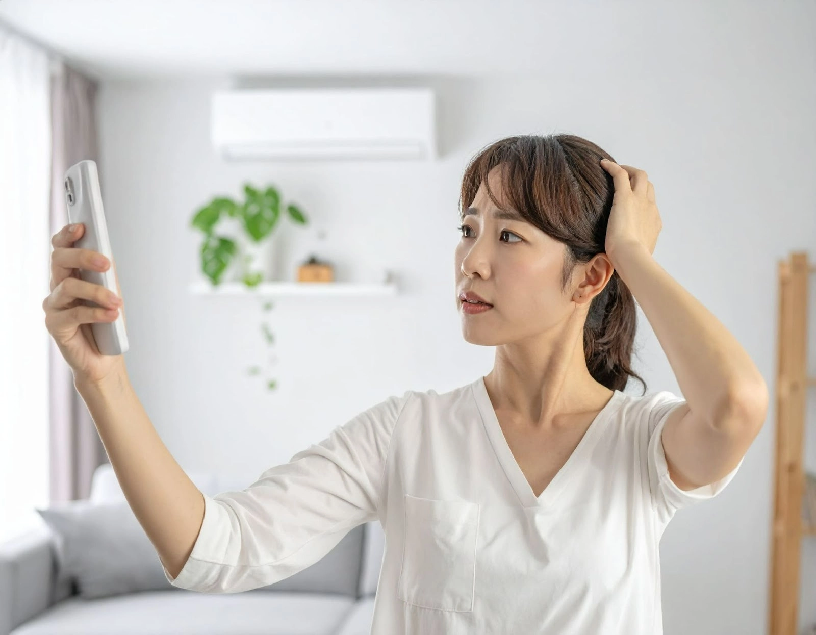 女性站在客廳遙控冷暖空調，表情非常困惑