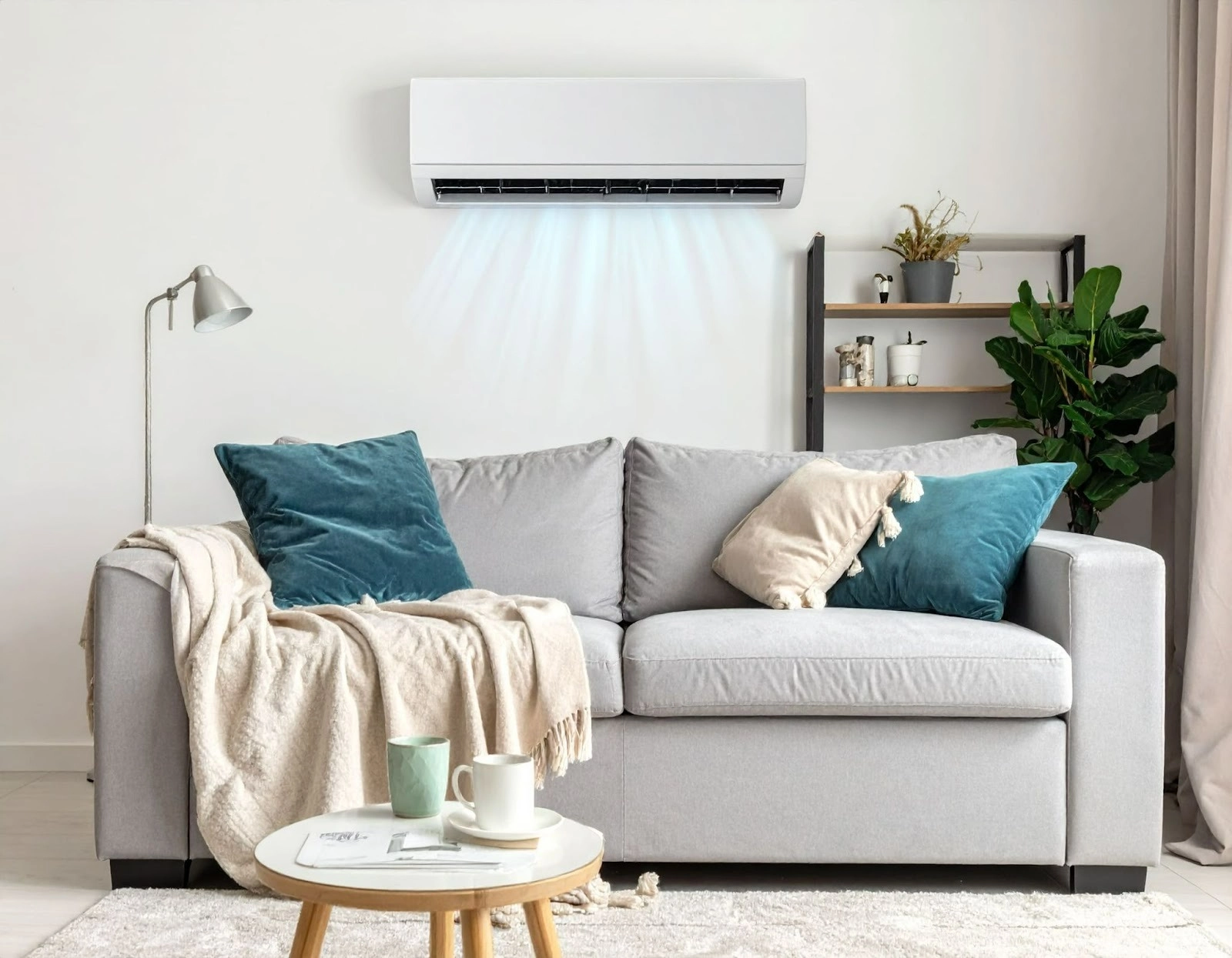 沙發旁放著毛毯與熱水杯，牆上空調顯示開啟狀態