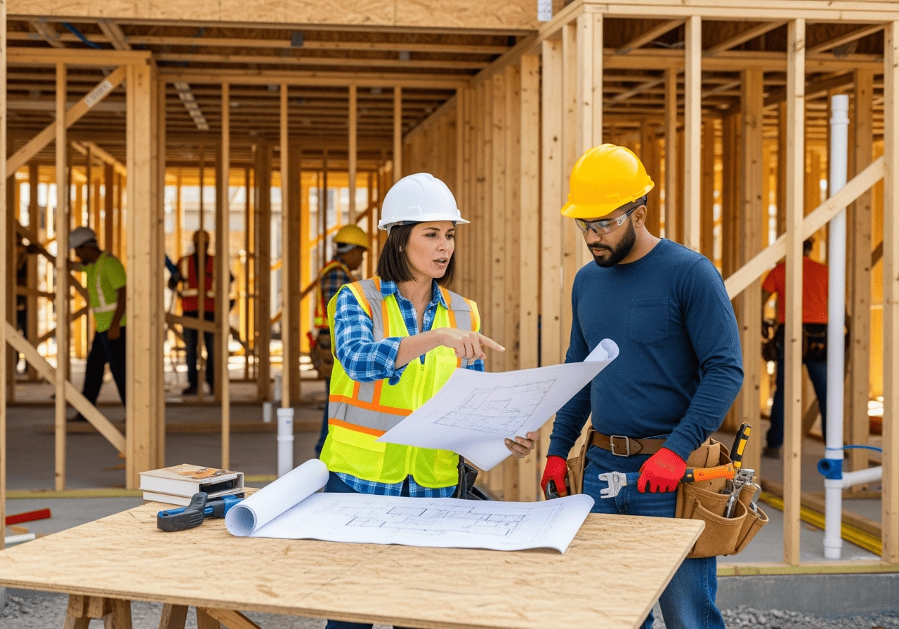 住宅施工現場，設計師與水電師傅協調工程細節