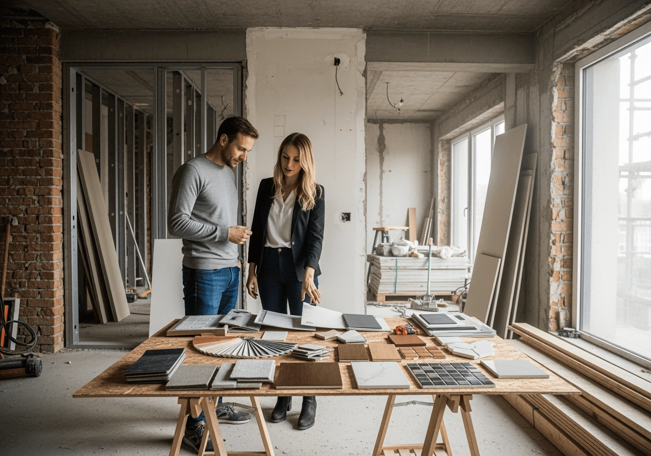 公寓翻修現場，屋主與設計師溝通建材選擇