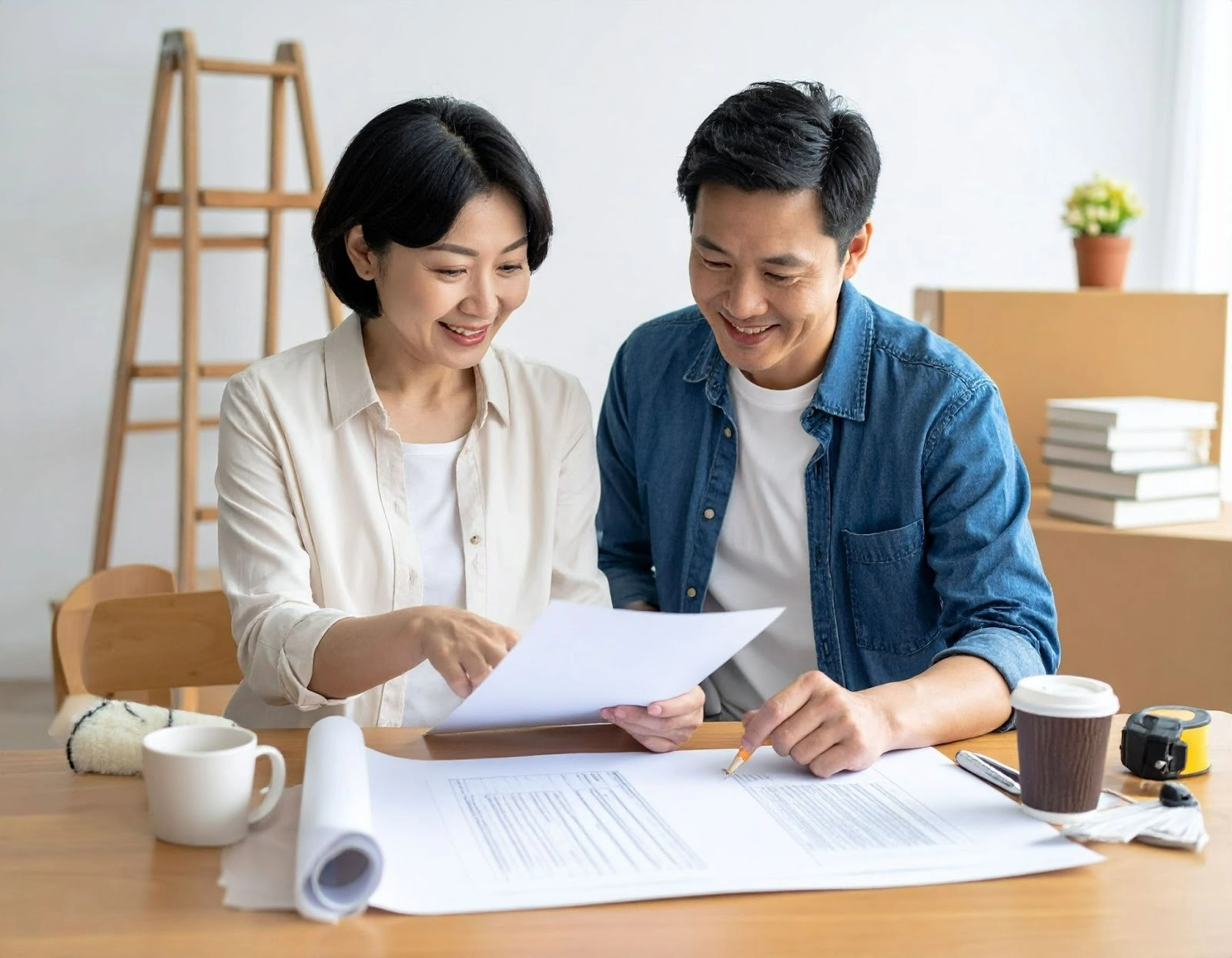 亞洲屋主查看房屋裝修合約