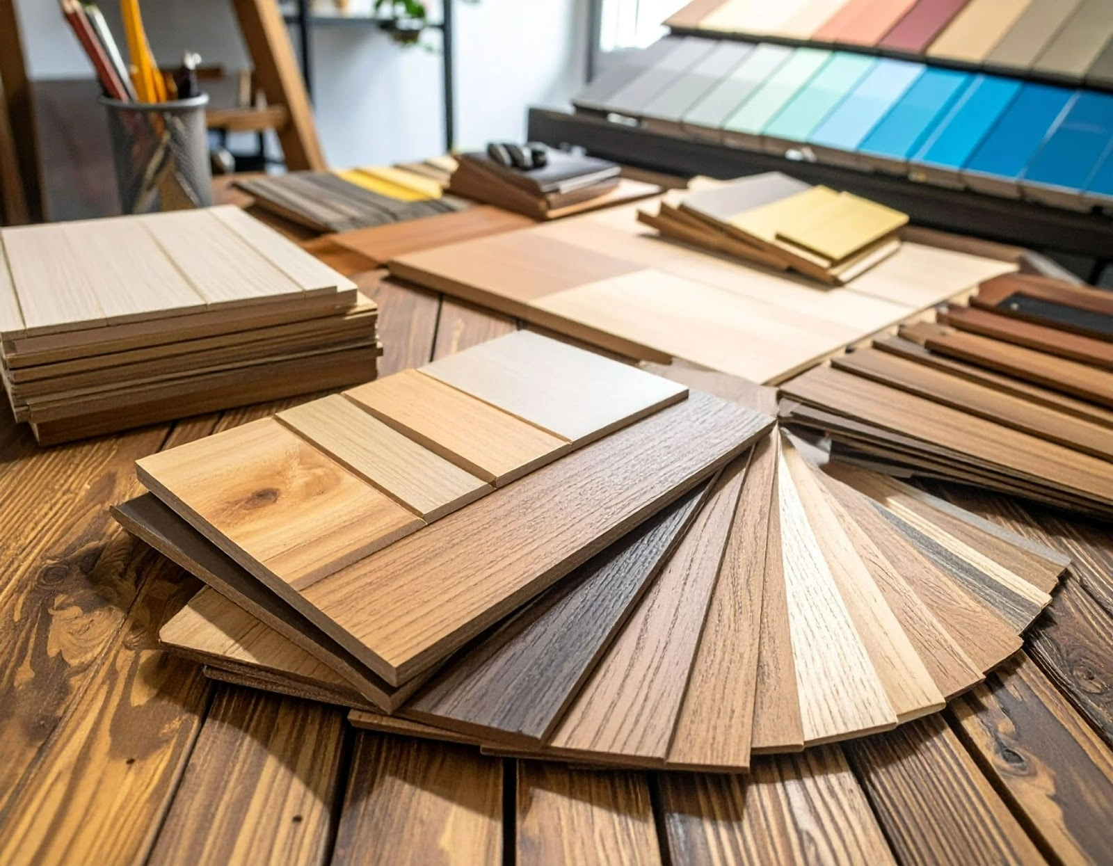 桌面整齊排列木板樣品與塗料色卡