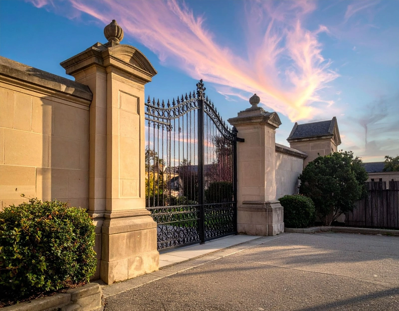 校園外鐵門與圍牆，天空晴朗