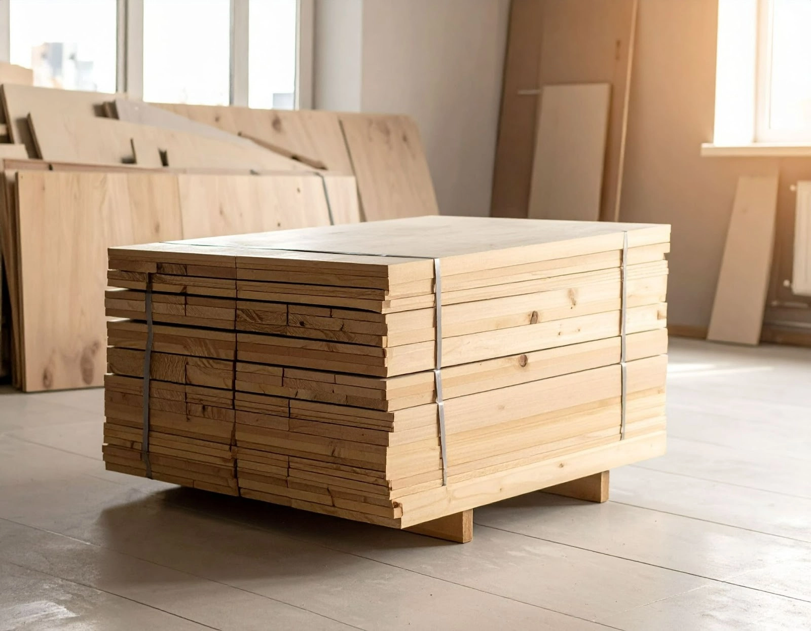 室內裝修工地堆放木板材料