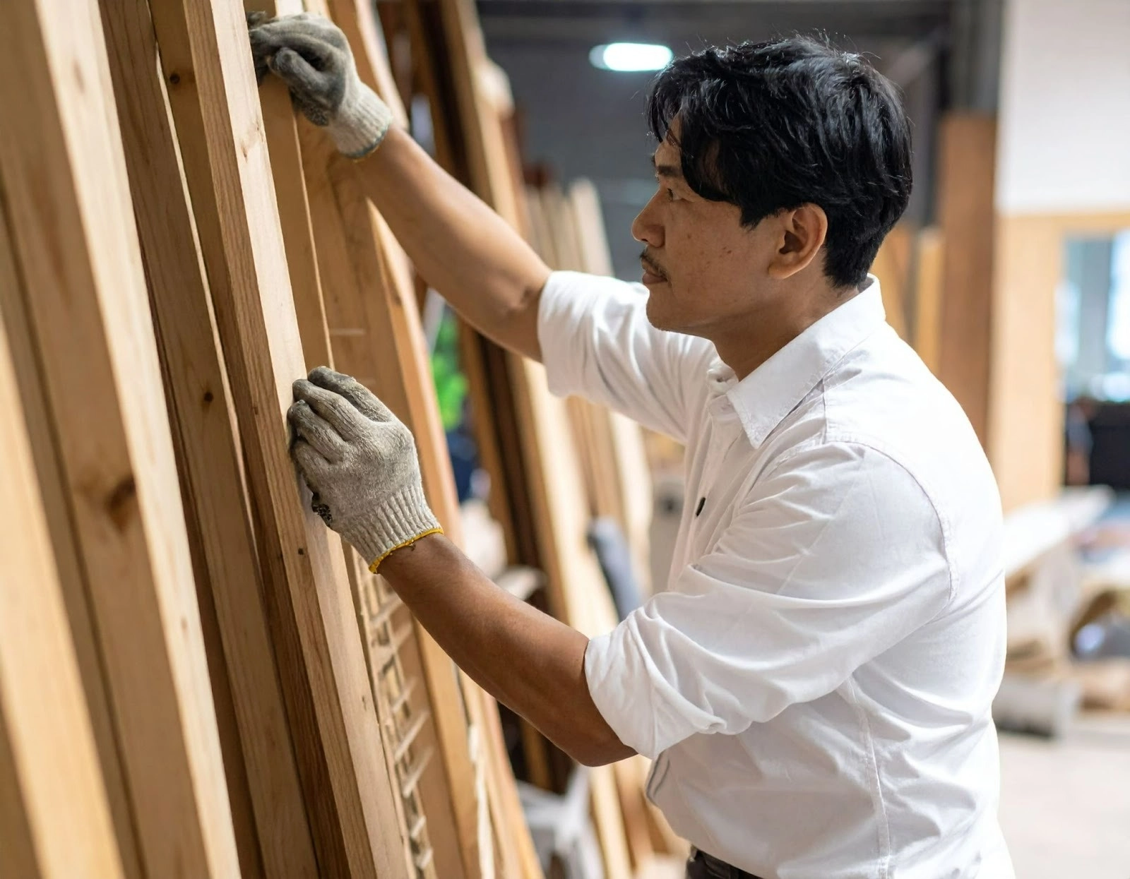 男性在裝潢現場查看木板材料