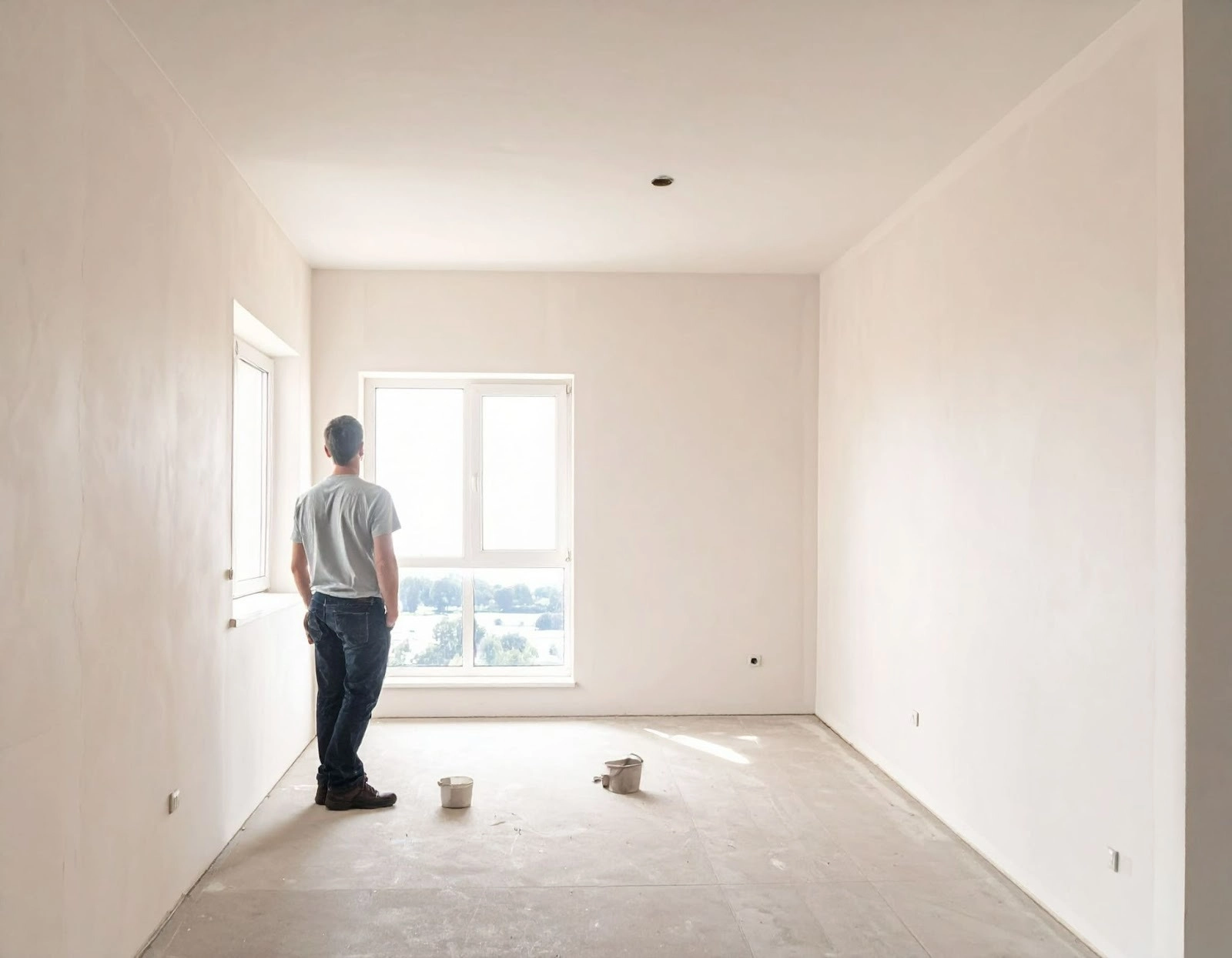 男子在新房間檢查窗戶與牆面