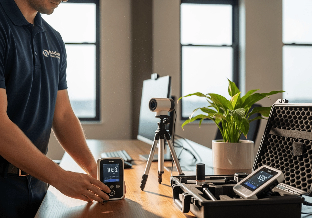 檢測人員在室內放置空氣品質監測設備 