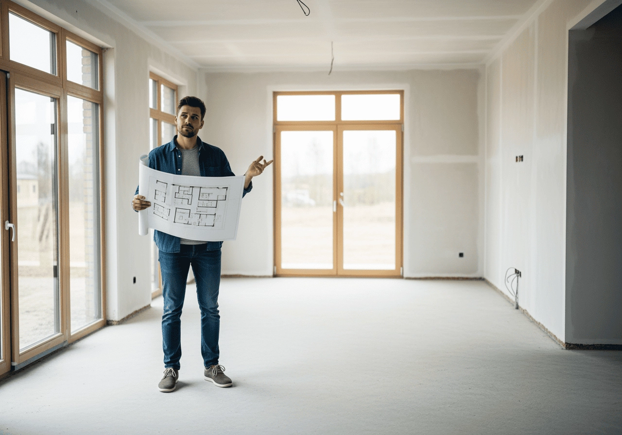 屋主拿著平面圖在新房客廳思考裝修配置