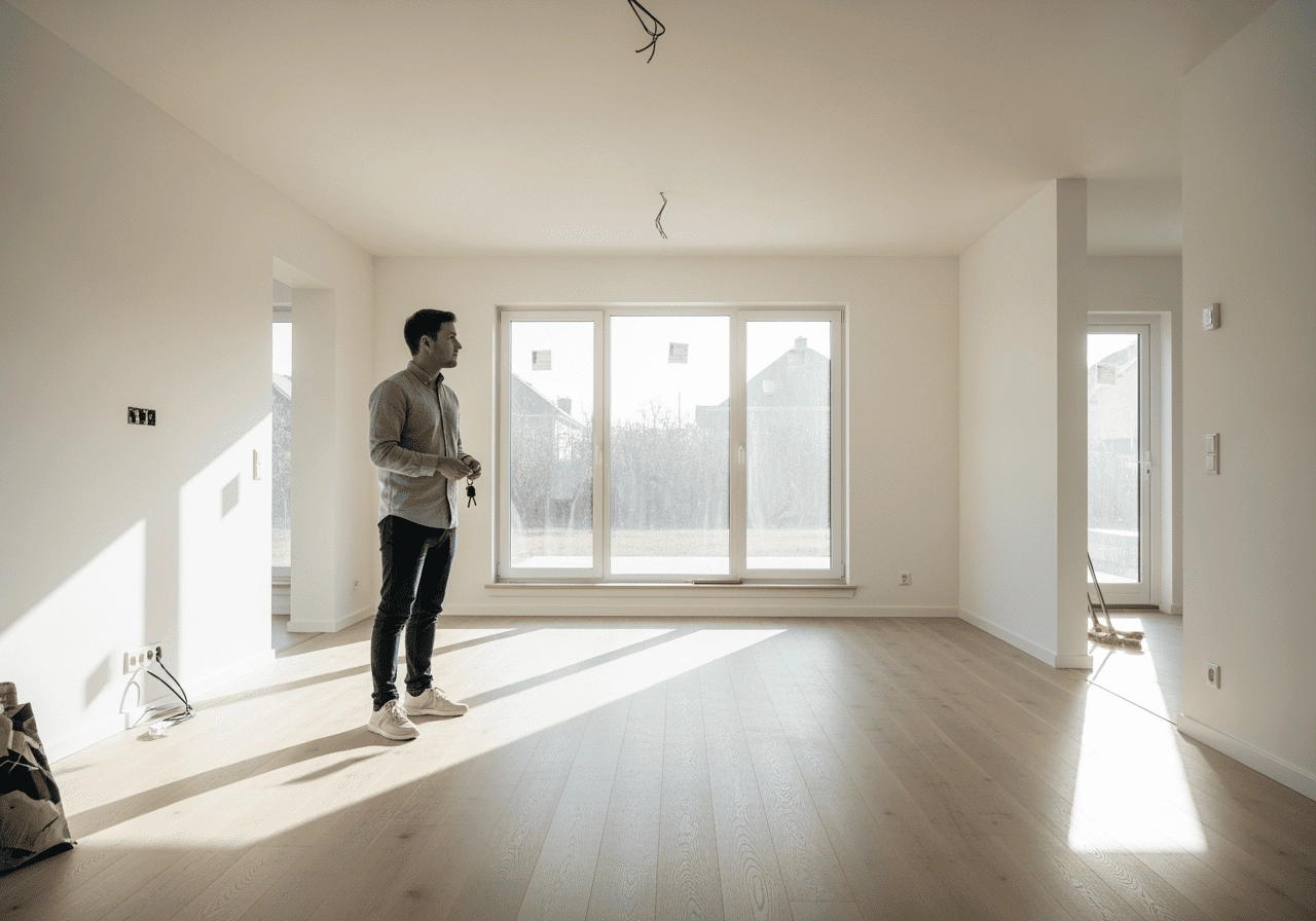 屋主站在新交屋的客廳查看空屋