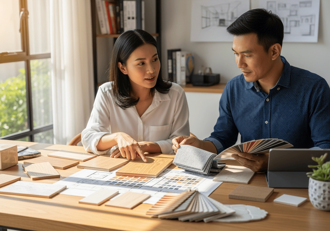 亞洲屋主與室內設計師一起查看桌上的綠建材樣品