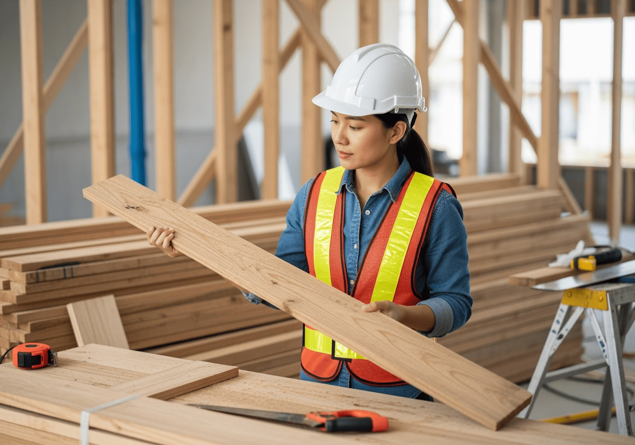 亞洲設計師在裝修施工現場檢查木板材料