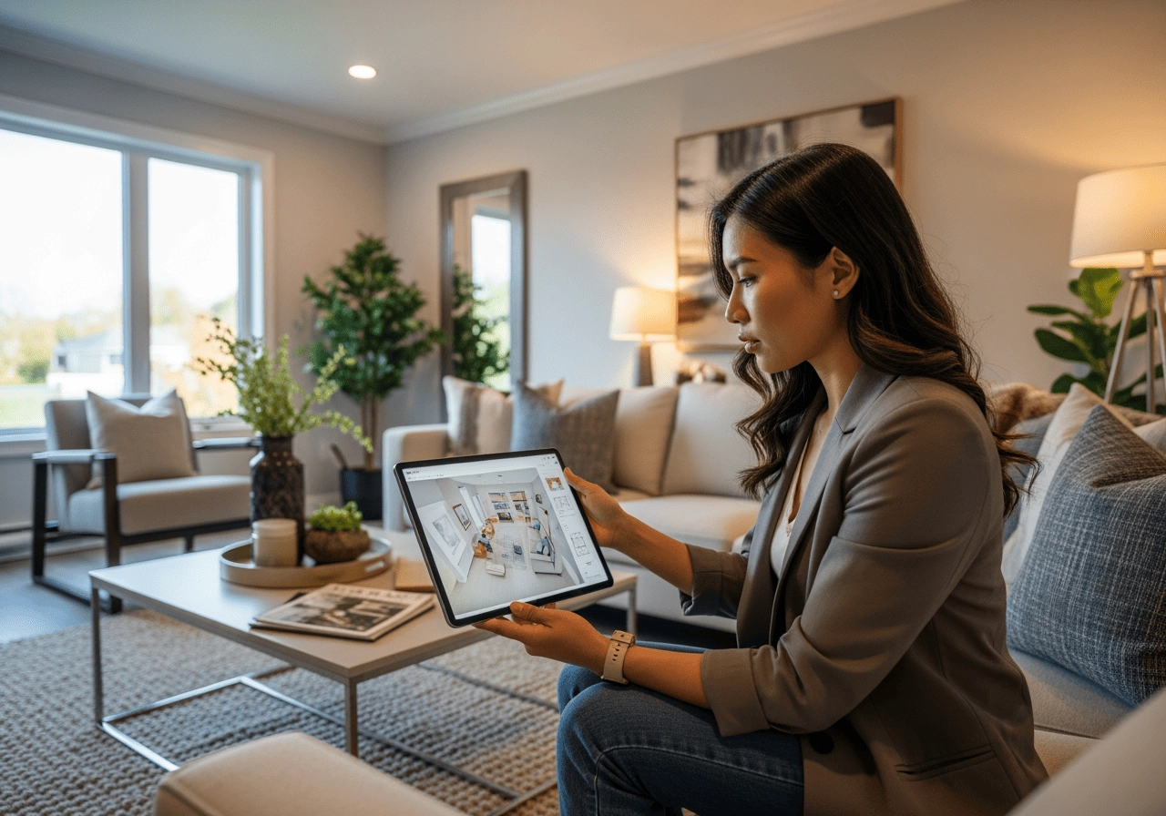 亞洲設計師在新裝潢客廳用平板查看室內設計圖