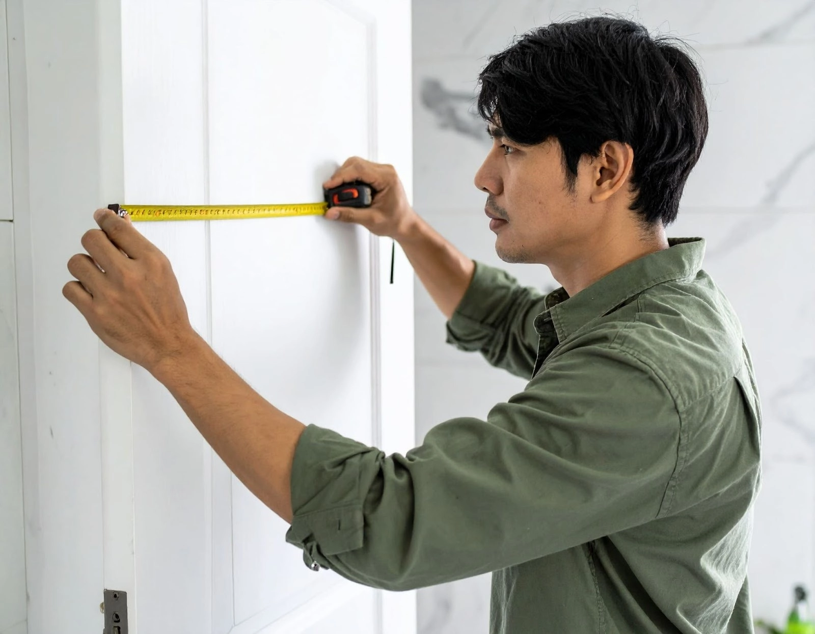 亞洲人設計師在住宅內測量浴室門寬規劃
