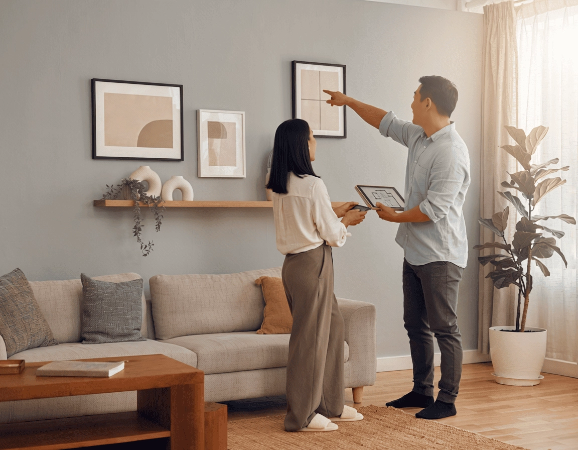 屋主在客廳查看牆面裝修狀況