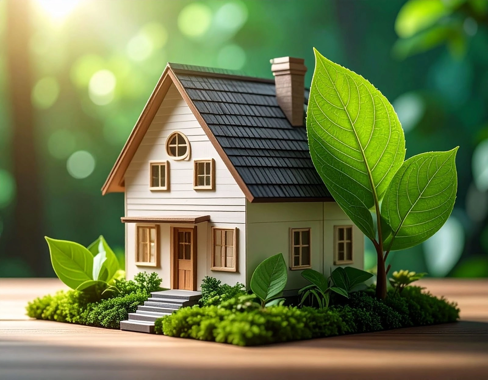 房屋模型旁邊放著綠葉，象徵綠裝修與ESG永續精神