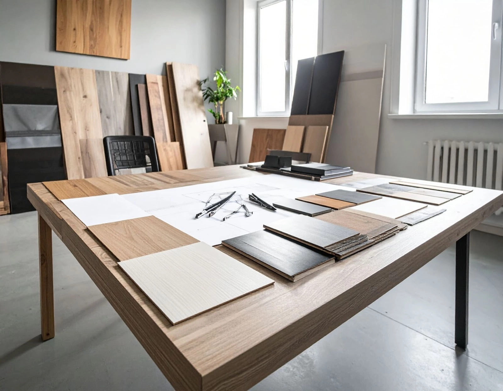 室內設計工作室桌面放著綠裝修建材樣本