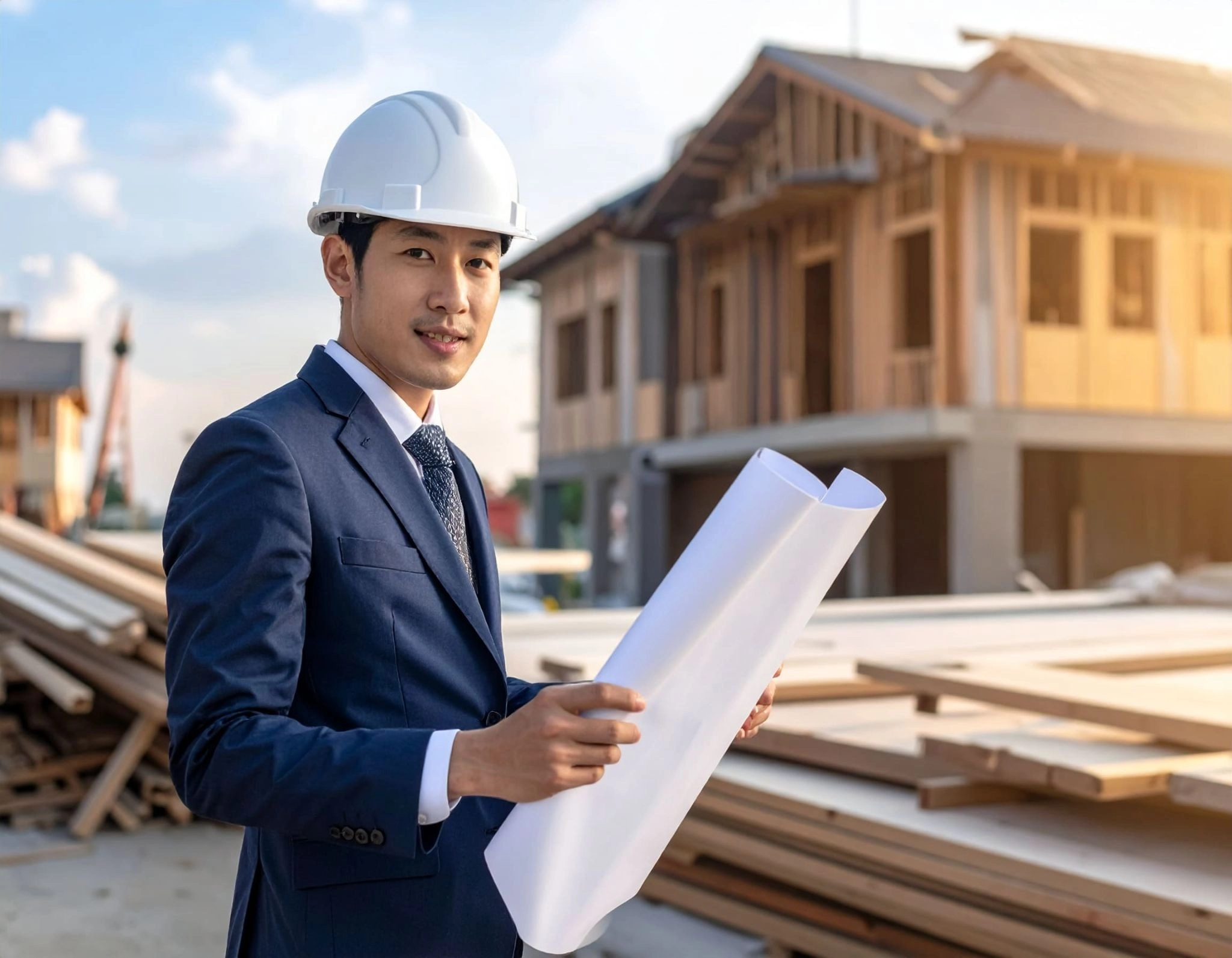 設計師（亞洲人）在裝修現場檢視建材