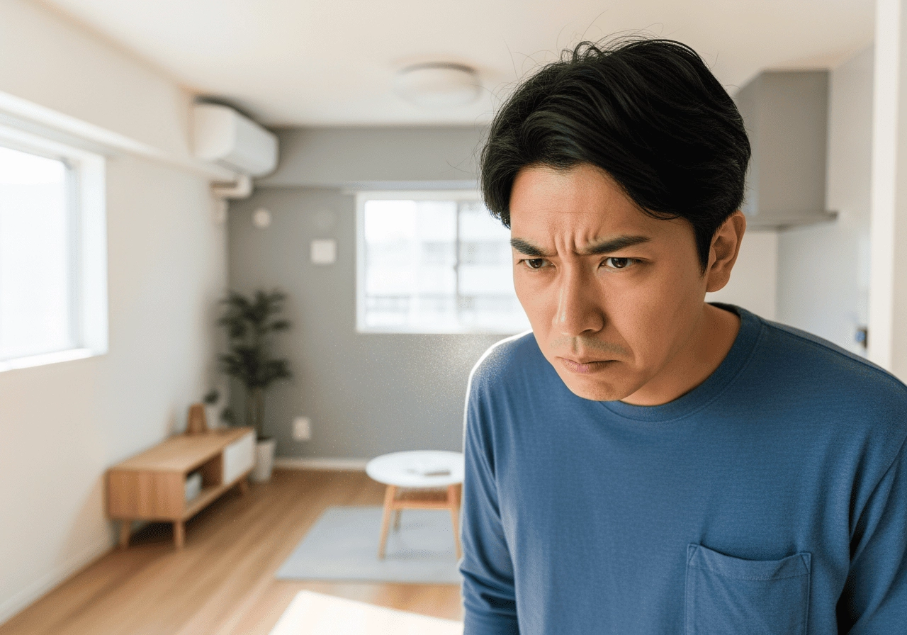 屋主（亞洲人）在小坪數新裝潢空間聞氣味皺眉