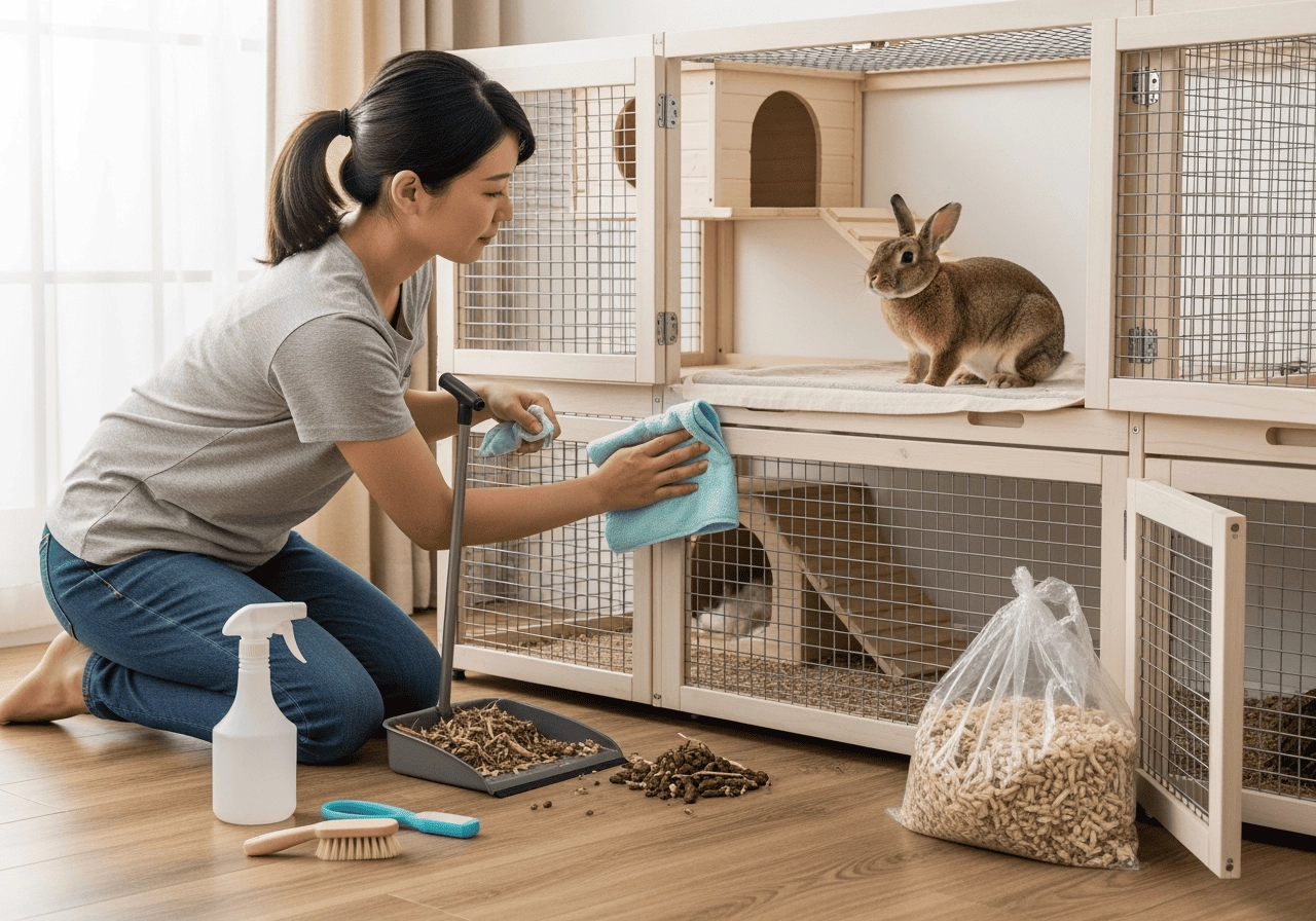 飼主(亞洲人)清理寵物生活區域