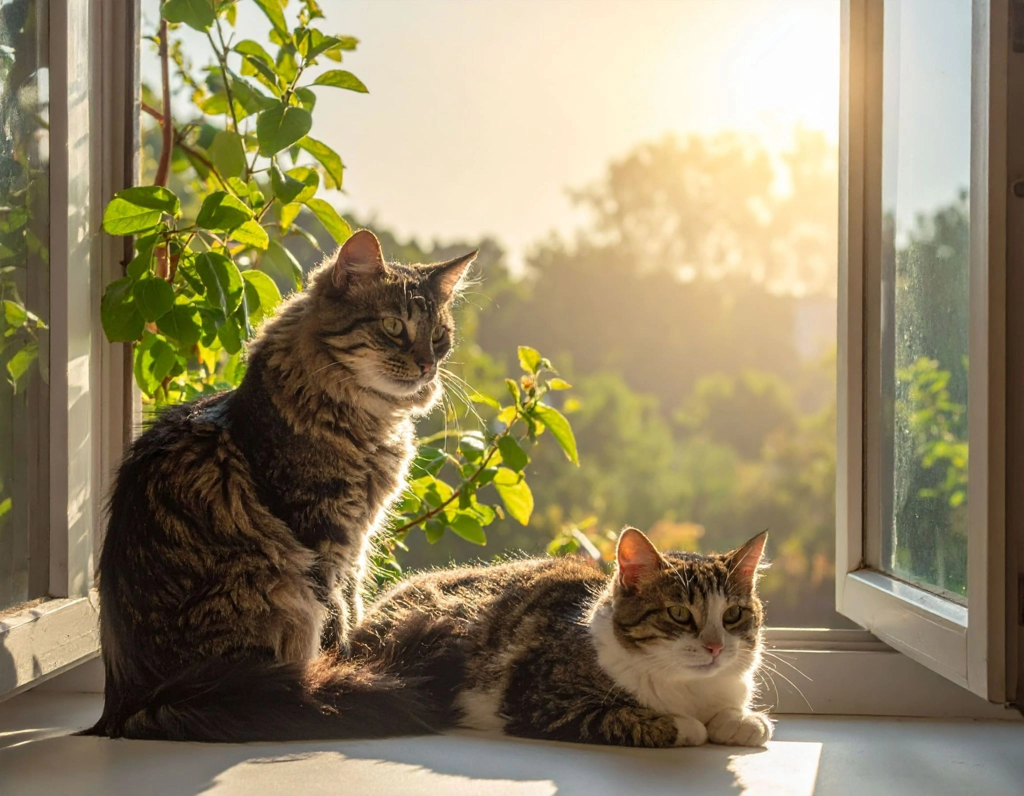 貓咪靠近窗邊自然通風空間曬太陽