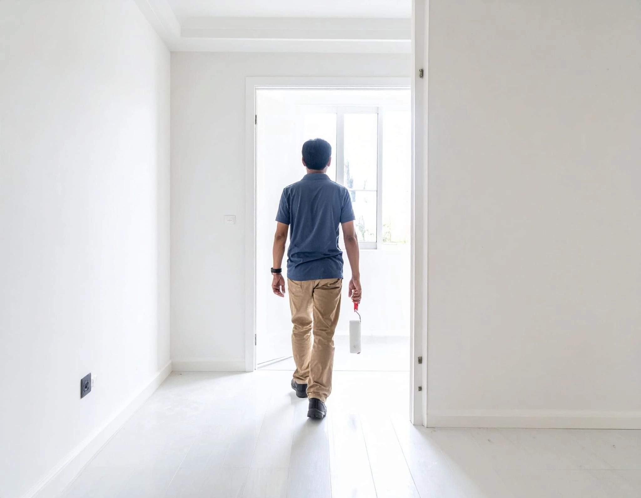 屋主（亞洲人）走進剛油漆完成的室內