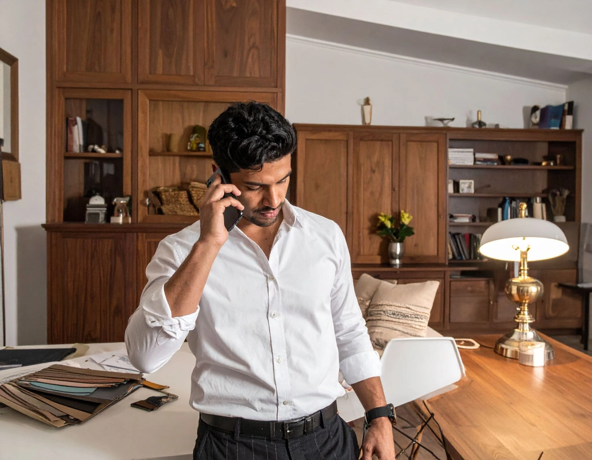 室內設計師與屋主電話討論細節