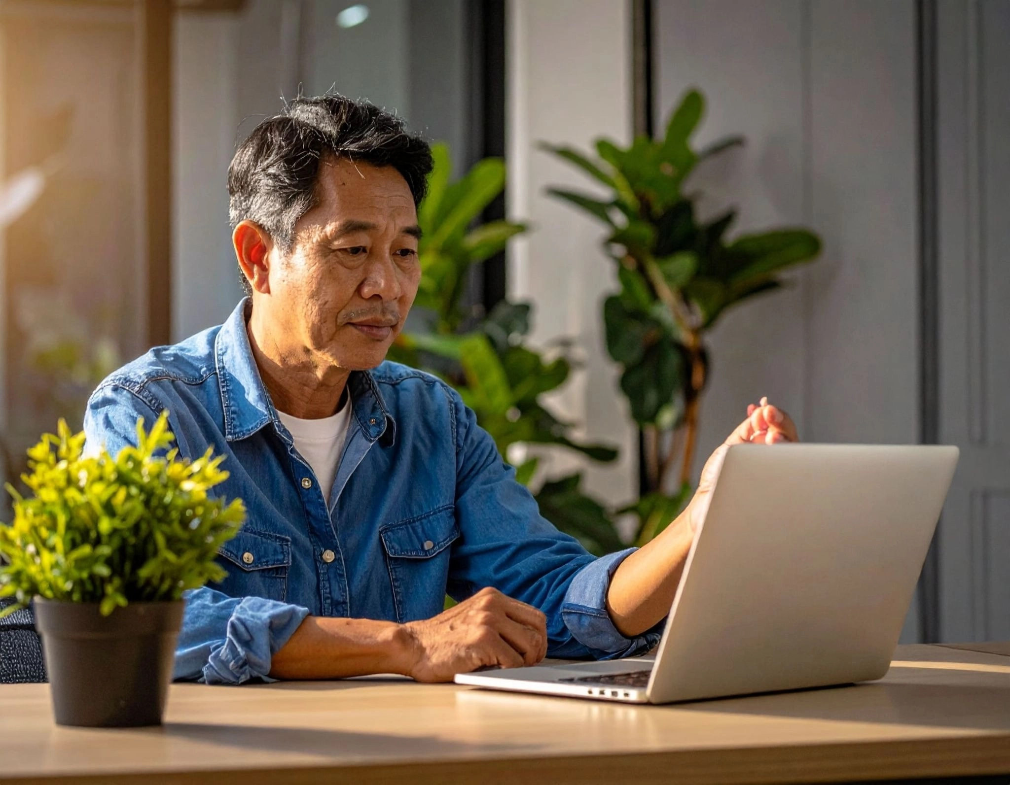 屋主（亞洲人）在國外用電腦查看裝修