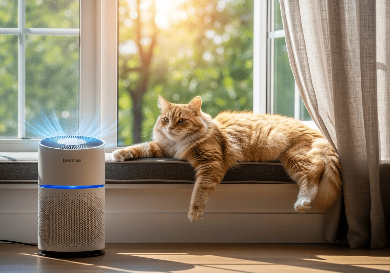 貓在窗邊曬太陽旁有空氣清淨機運作