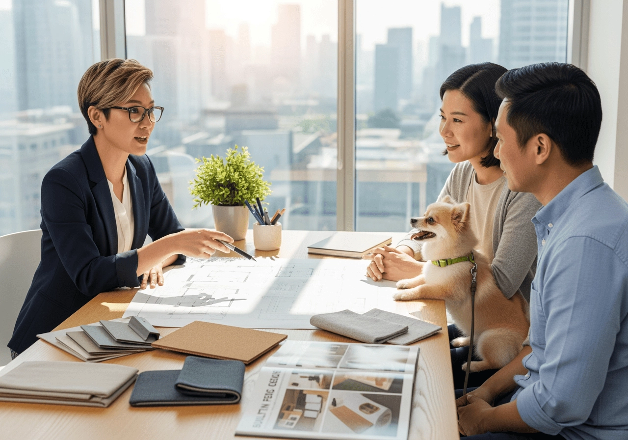 設計師（亞洲人）與屋主討論寵物友善裝修