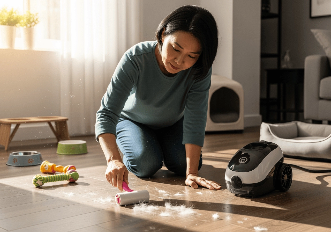 飼主（亞洲人）清理地板寵物毛髮