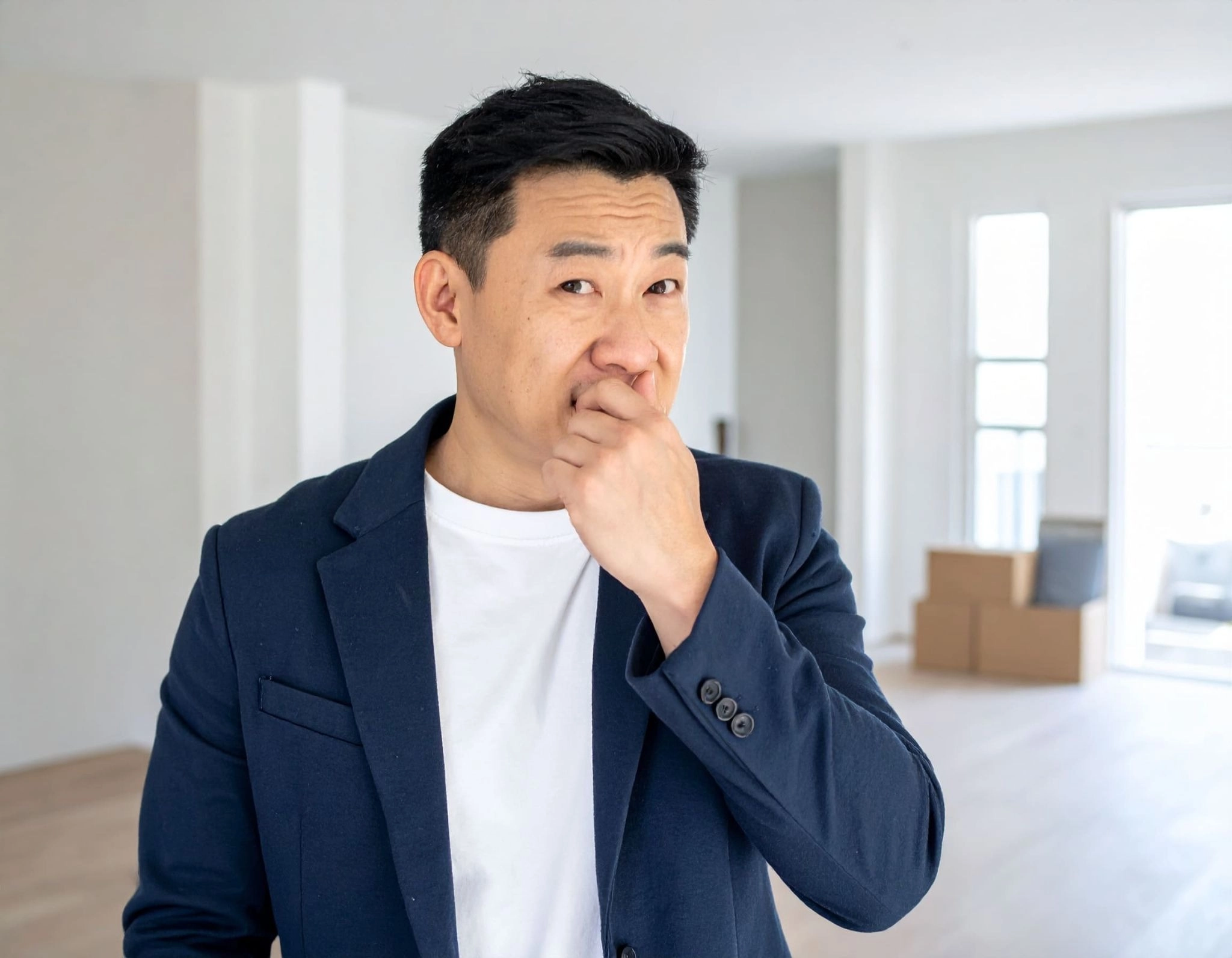 屋主(亞洲人)在新裝潢空間聞氣味露出疑惑表情