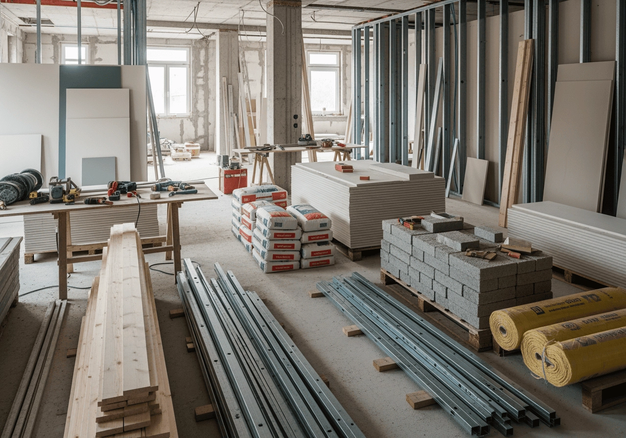 不同建材放在室內設計施工現場