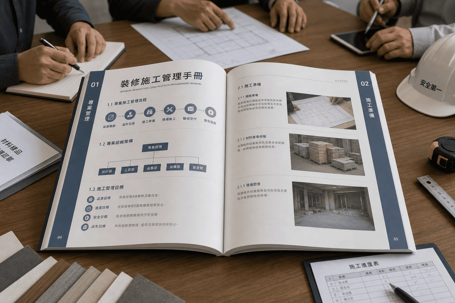 裝修施工管理手冊攤開於會議桌面 