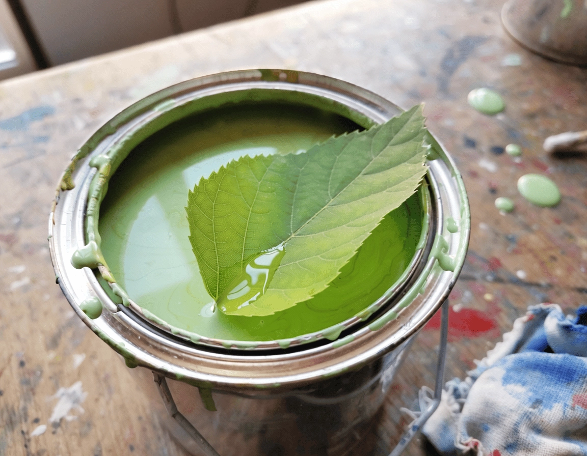 油漆桶內掉入一片綠葉