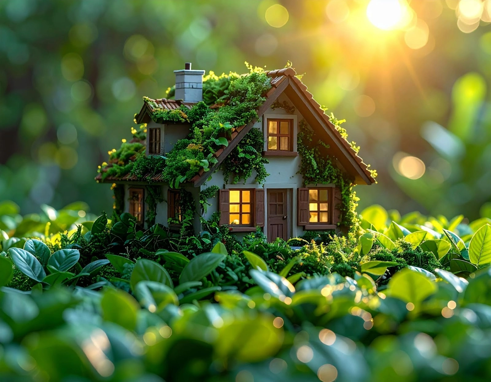 房子模型在綠葉堆上